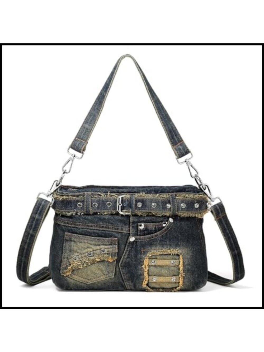Washed Denim Crossbody Purse Ruffle Skirt Design Adjustable Strap